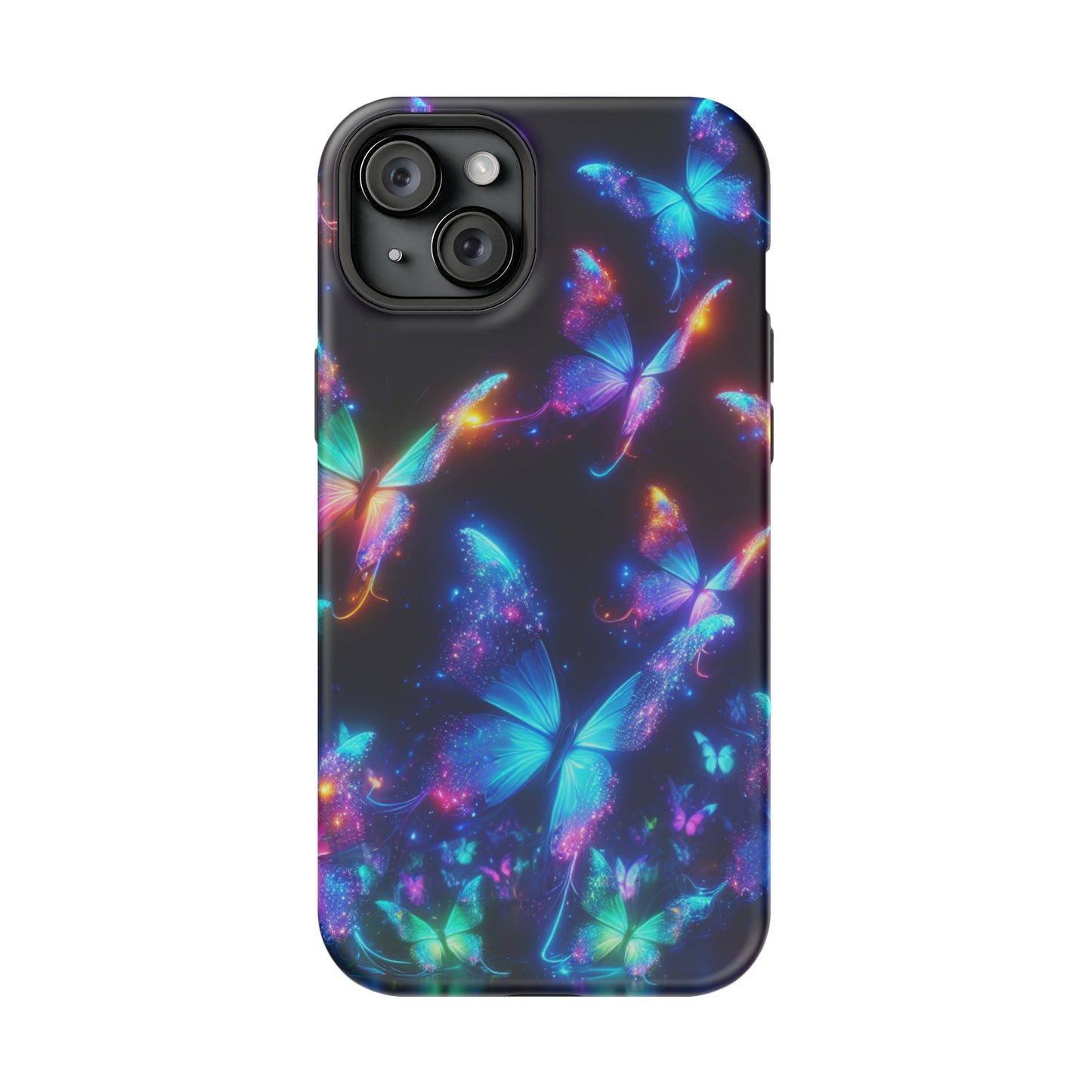 "Electrically Vivid Reverie" Neon Butterflies Premium Art Magsafe Magnet Tough IPhone 13 14 15 Pro Plus Max and Mini in Matte and Glossy Phone cases