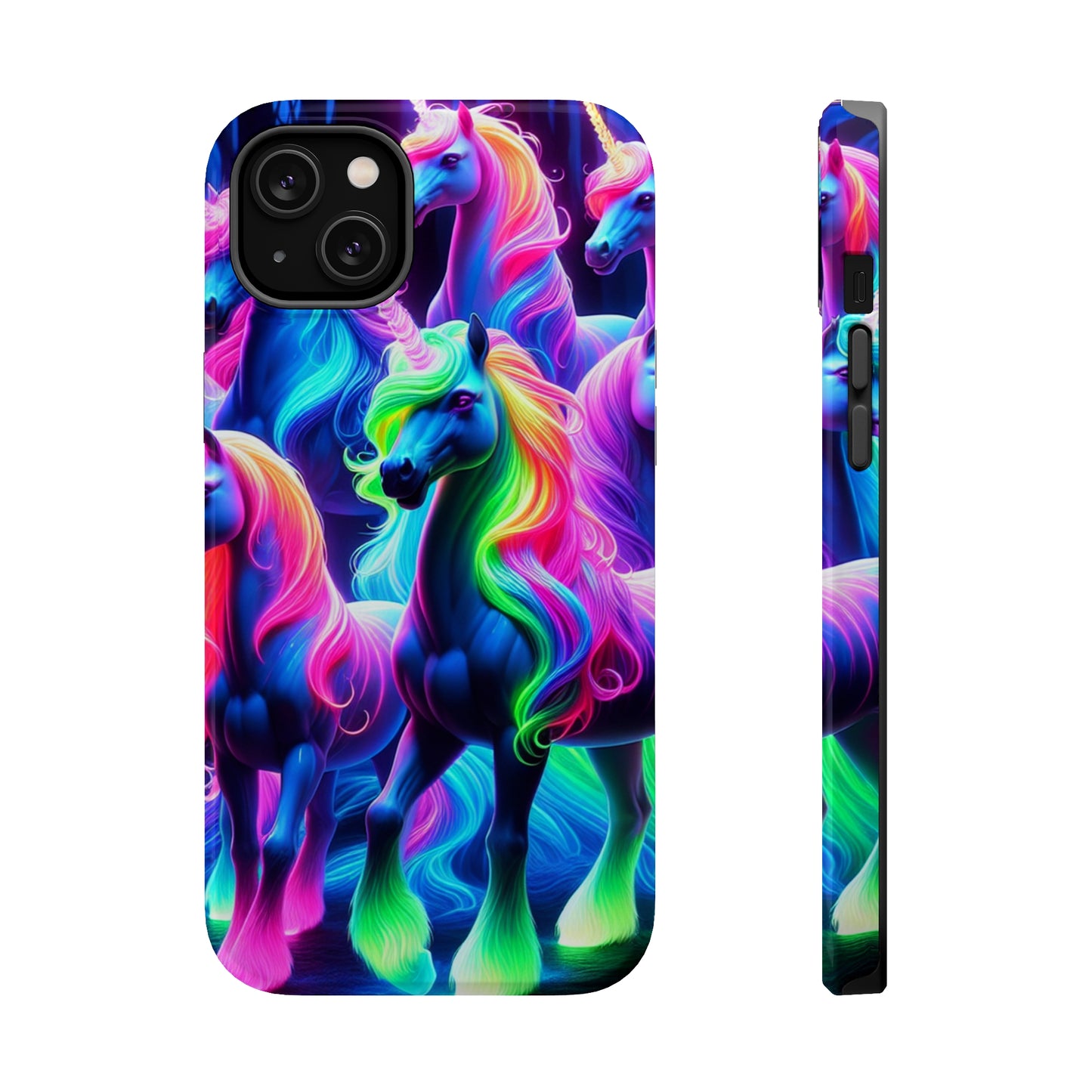 Neon Magic Skies - Unicorn Gang. Neon Unicorns Premium Art Magsafe Magnet Tough IPhone 13 14 15 Pro Plus Max and Mini in Matte and Glossy Phone cases