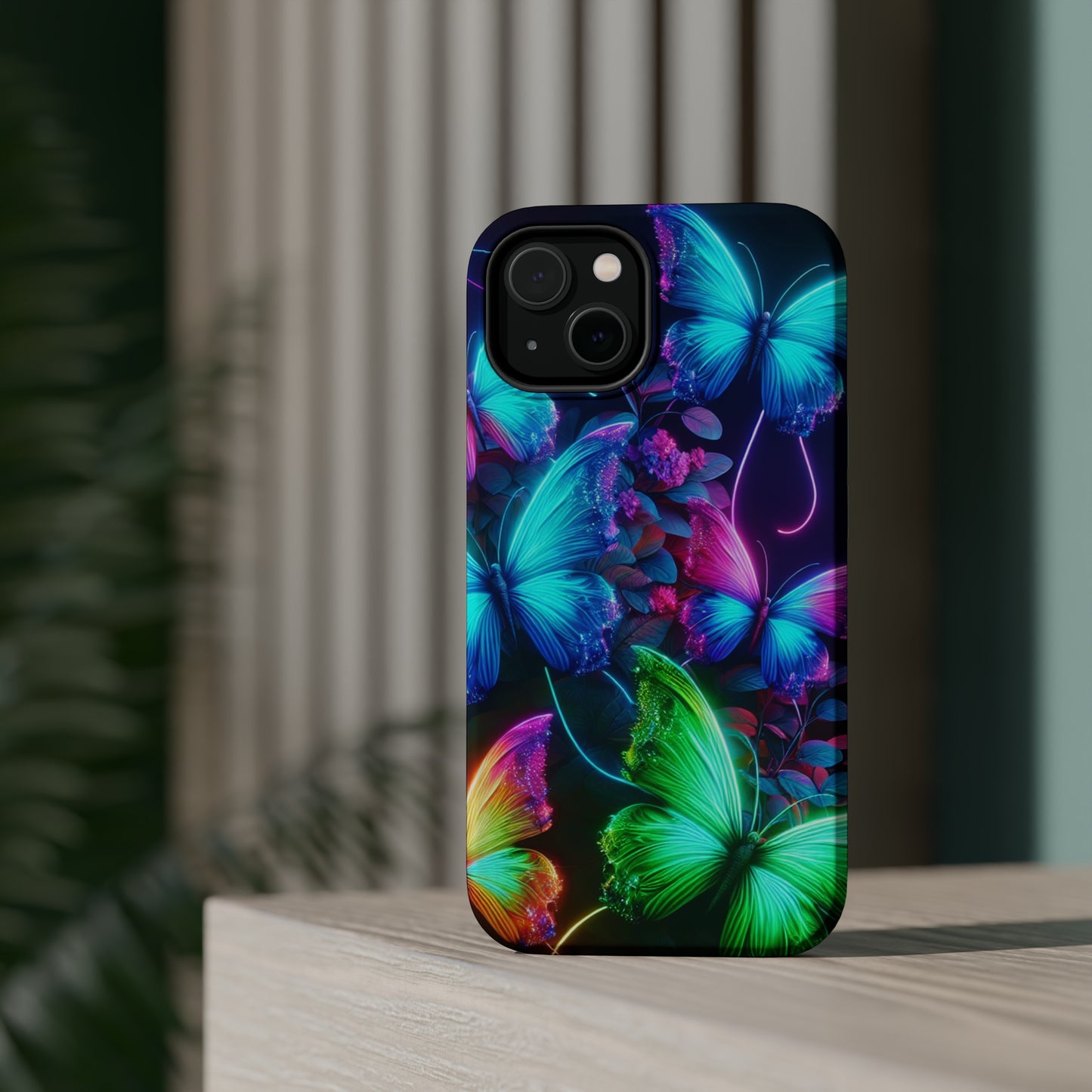 Neon Flutter Symphony Neon Butterflies Premium Art Magsafe Magnet Tough IPhone 13 14 15 Pro Plus Max and Mini in Matte and Glossy Phone cases