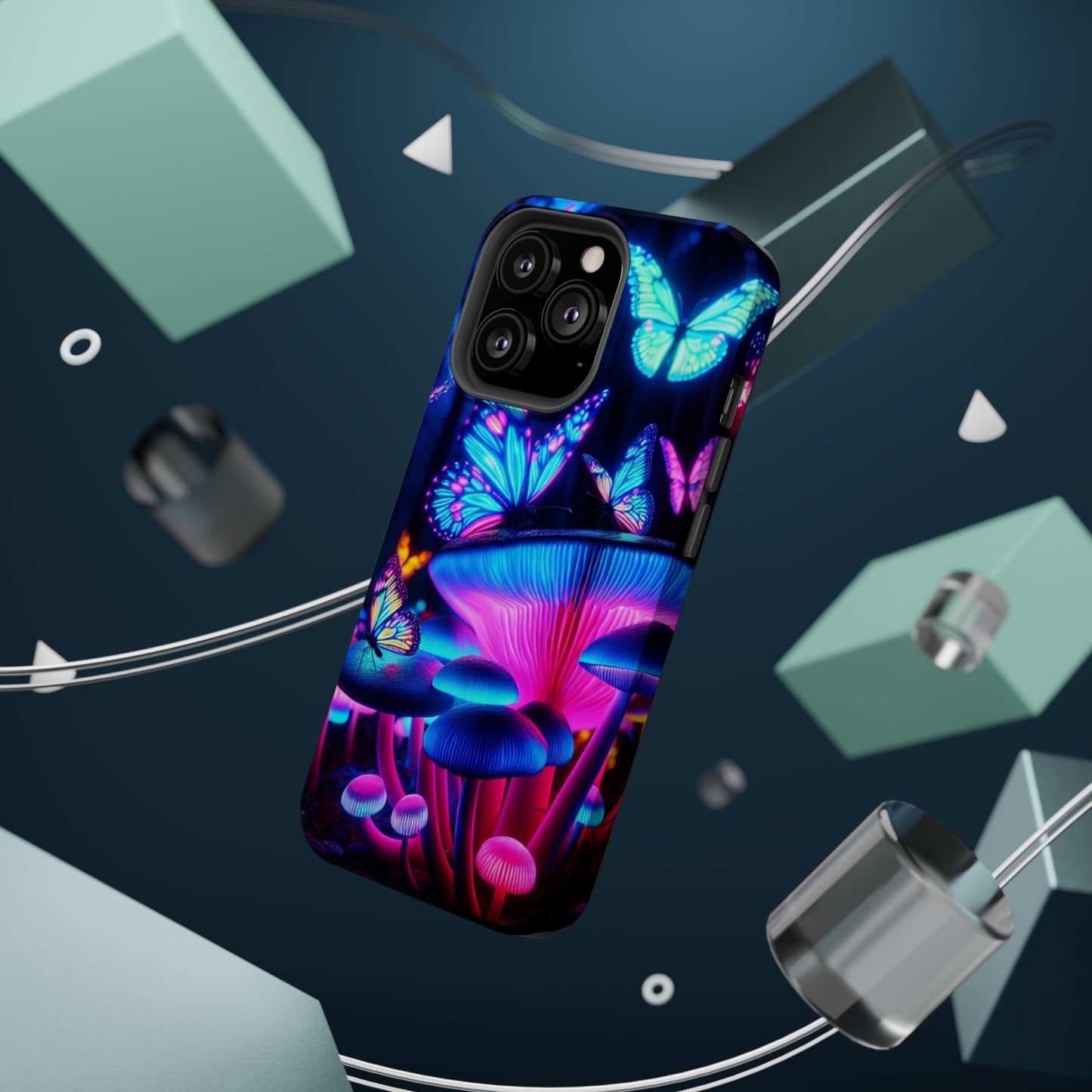 Neon Fantasy Garden Neon Butterflies and Mushrooms Premium Art Magsafe Magnet Tough IPhone 13 14 15 Pro Plus Max and Mini in Matte and Glossy Phone cases