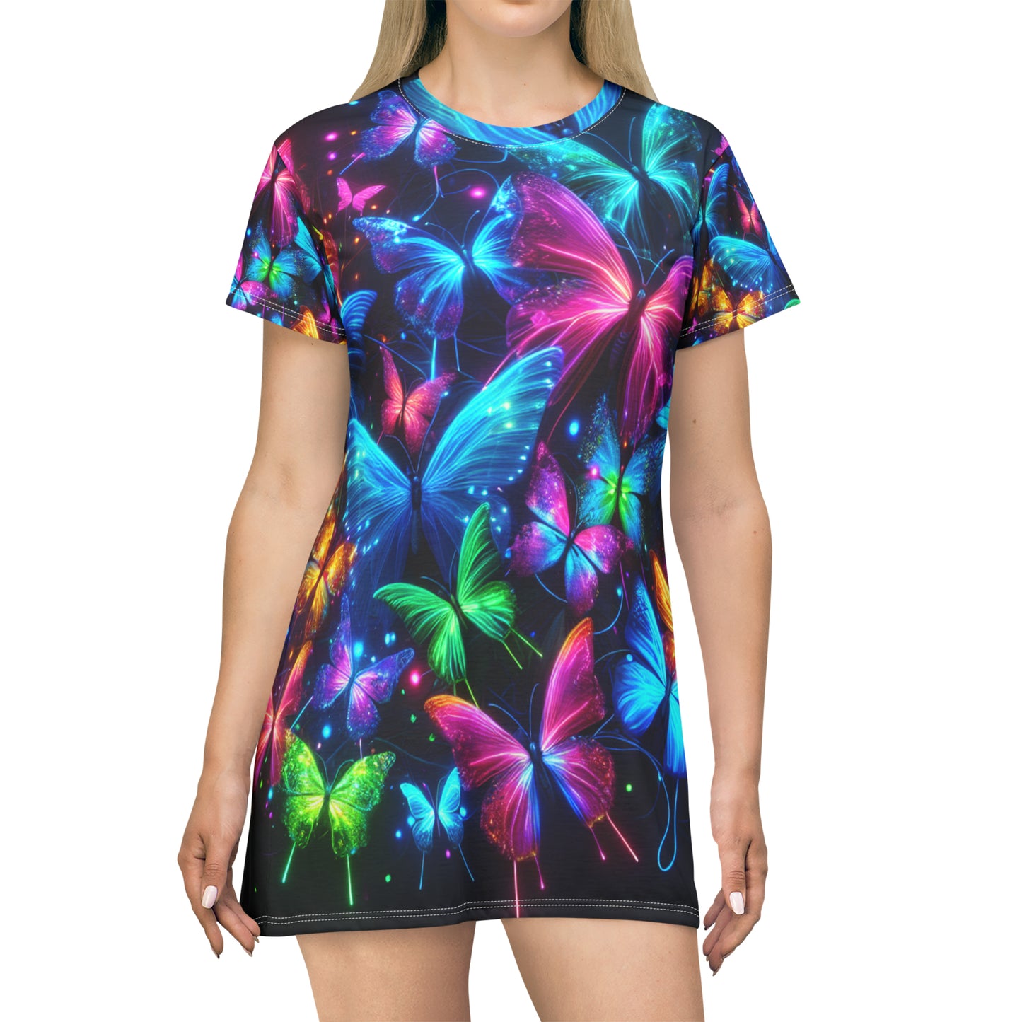 Neon Flutterby Blossoms Neon Butterflies Womans T Shirt Dress