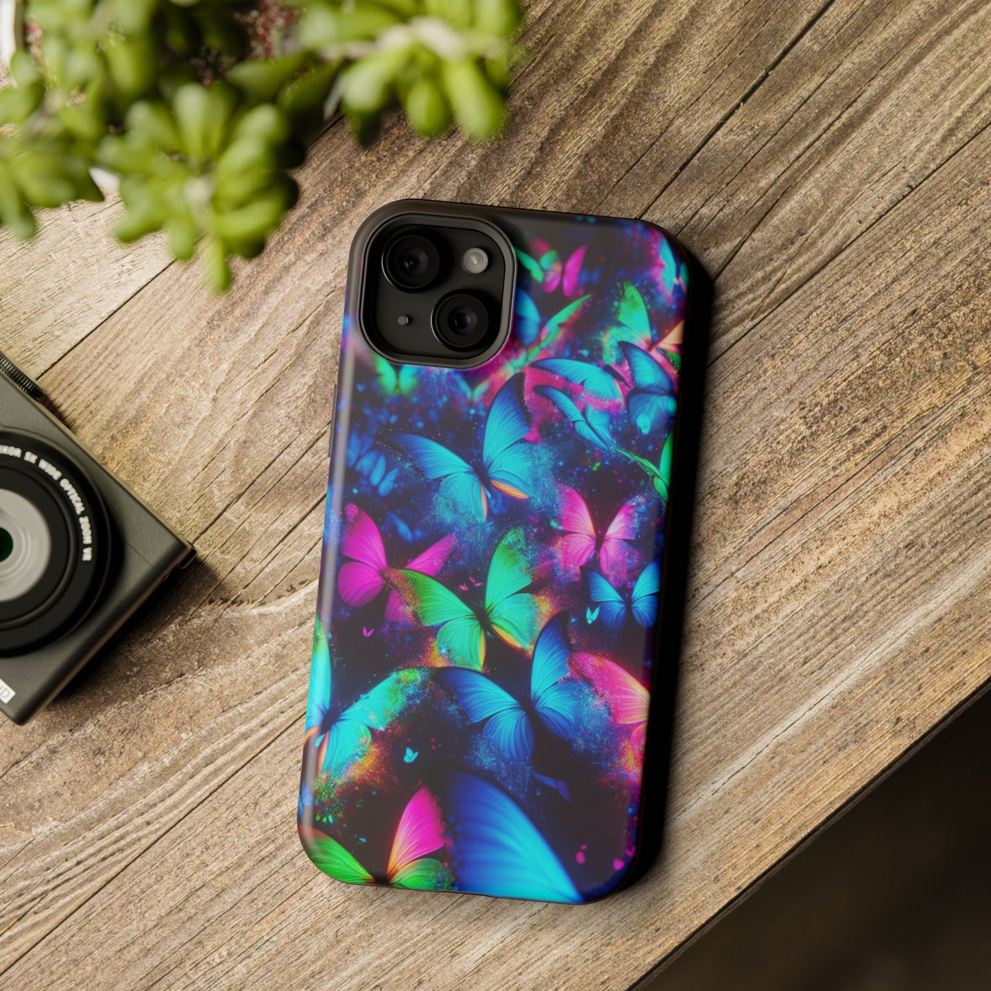 "Neon Flutterglow" Neon Butterflies Premium Art Magsafe Magnet Tough IPhone 13 14 15 Pro Plus Max and Mini in Matte and Glossy Phone cases