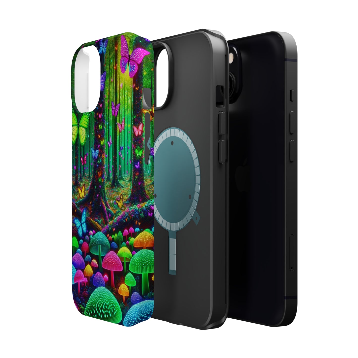 "Neon Garden Symphony". Neon Butterflies and Mushrooms Premium Art Magsafe Magnet Tough IPhone 13 14 15 Pro Plus Max and Mini in Matte and Glossy Phone cases