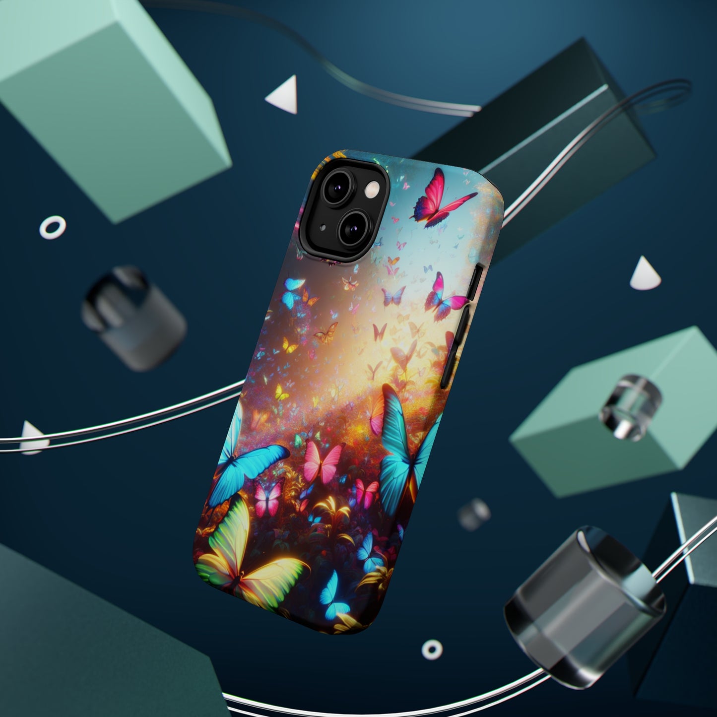"Neon Butterfly Blooms" Neon Butterflies Premium Art Magsafe Magnet Tough IPhone 13 14 15 Pro Plus Max and Mini in Matte and Glossy Phone cases
