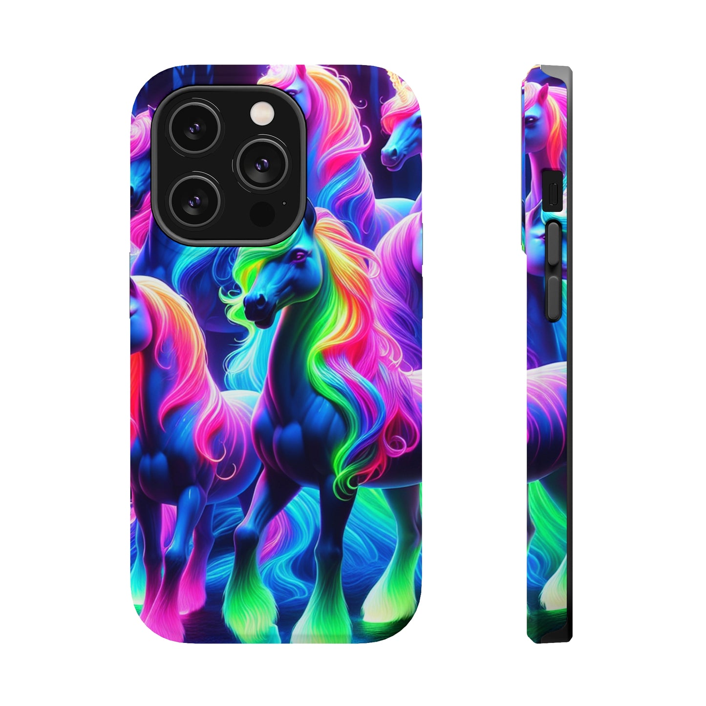 Neon Magic Skies - Unicorn Gang. Neon Unicorns Premium Art Magsafe Magnet Tough IPhone 13 14 15 Pro Plus Max and Mini in Matte and Glossy Phone cases