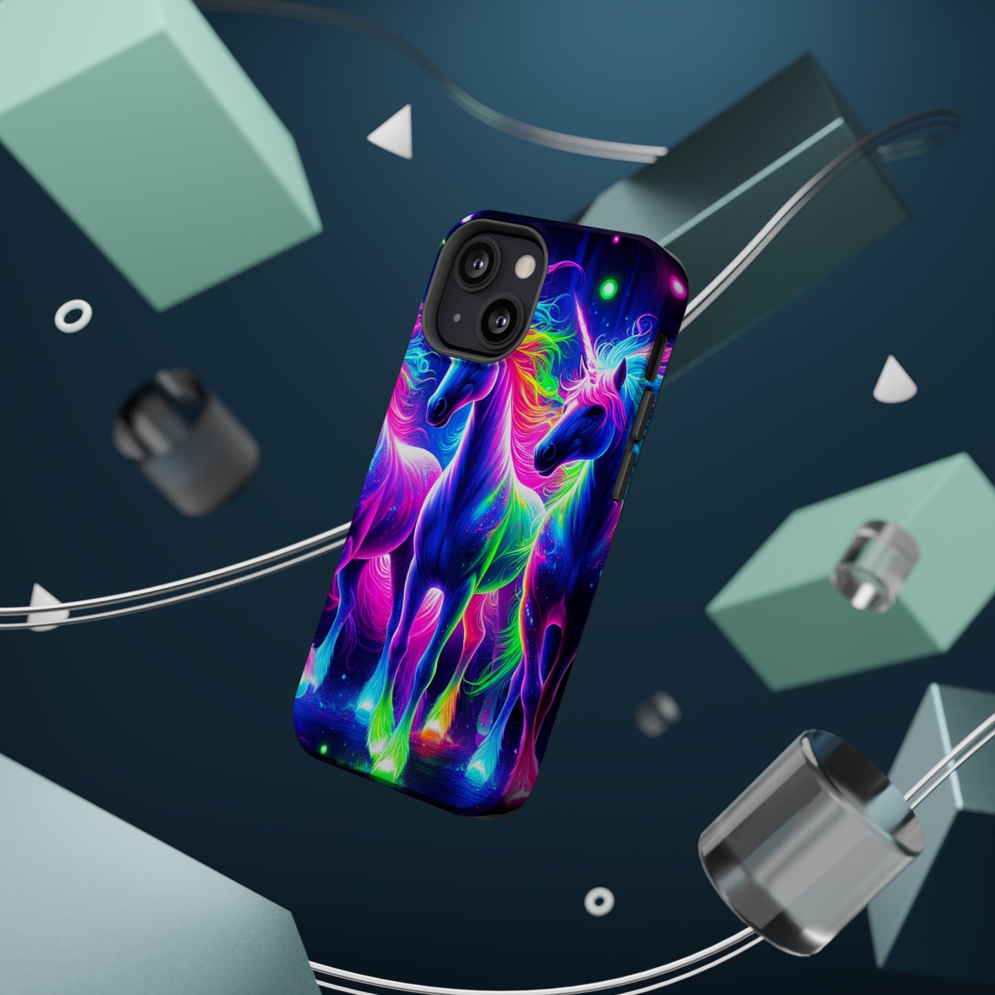 "Uni-Neon Fantasy" Neon Unicorns Premium Art Magsafe Magnet Tough IPhone 13 14 15 Pro Plus Max and Mini in Matte and Glossy Phone cases