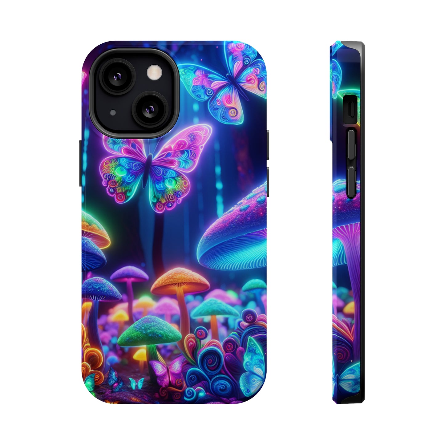Neon Ecstasy. Neon Butterflies and Mushrooms Premium Art Magsafe Magnet Tough IPhone 13 14 15 Pro Plus Max and Mini in Matte and Glossy Phone cases