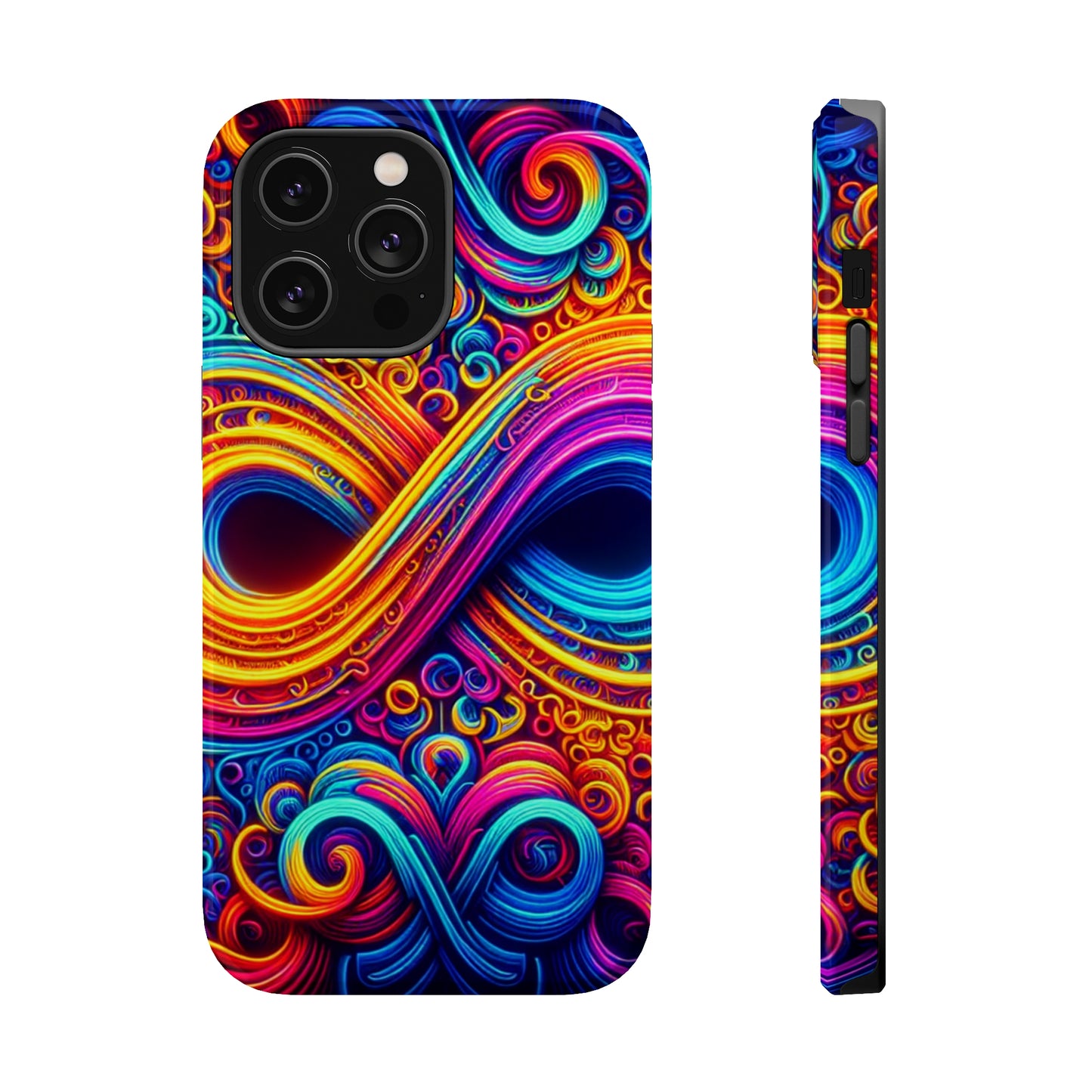 ElectroFractal Fluorescence. Neon Trippy Infinity Patterns Premium Art Magsafe Magnet Tough IPhone 13 14 15 Pro Plus Max and Mini in Matte and Glossy Phone cases