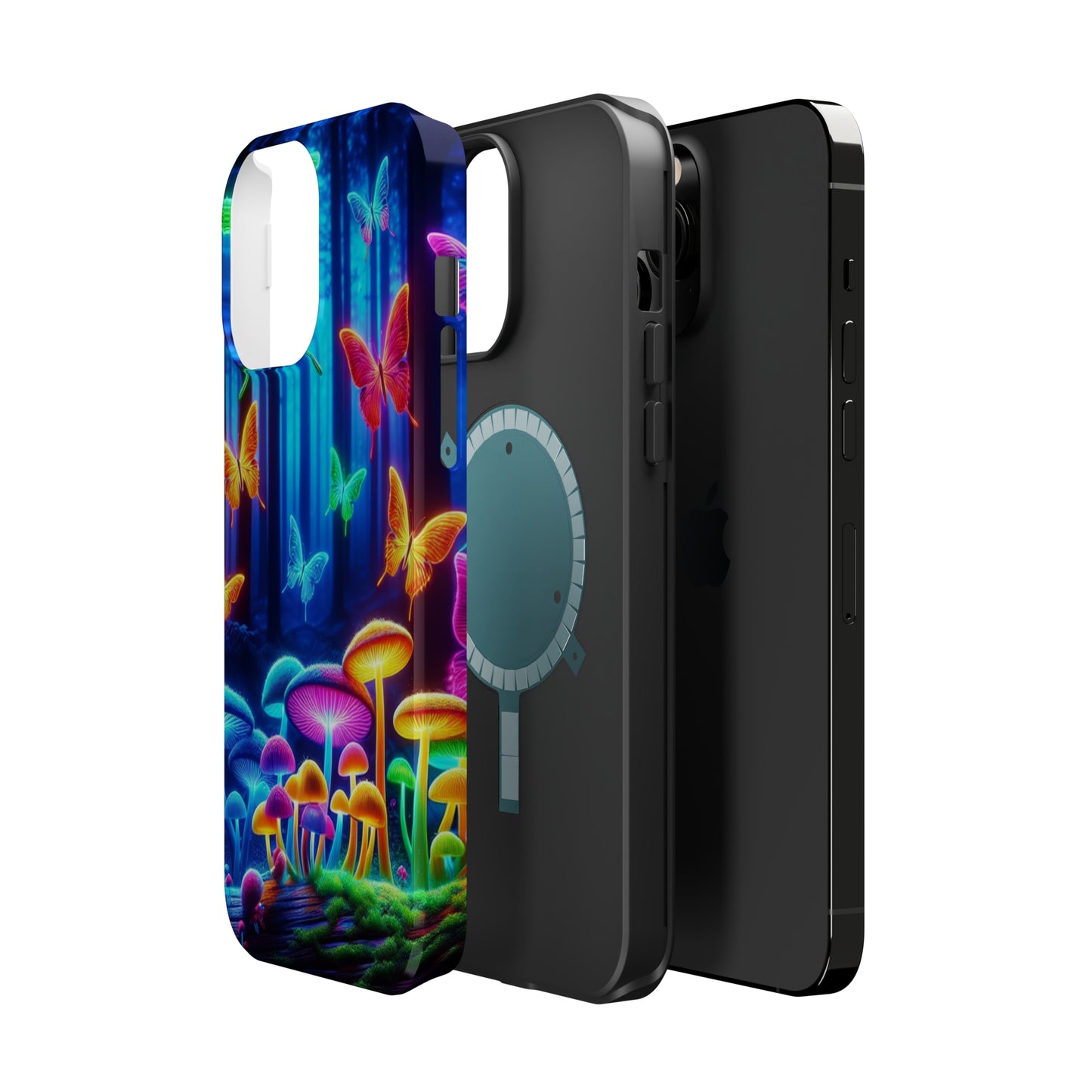 "Neon Garden Delight" Neon Butterflies and Mushrooms Premium Art Magsafe Magnet Tough IPhone 13 14 15 Pro Plus Max and Mini in Matte and Glossy Phone cases