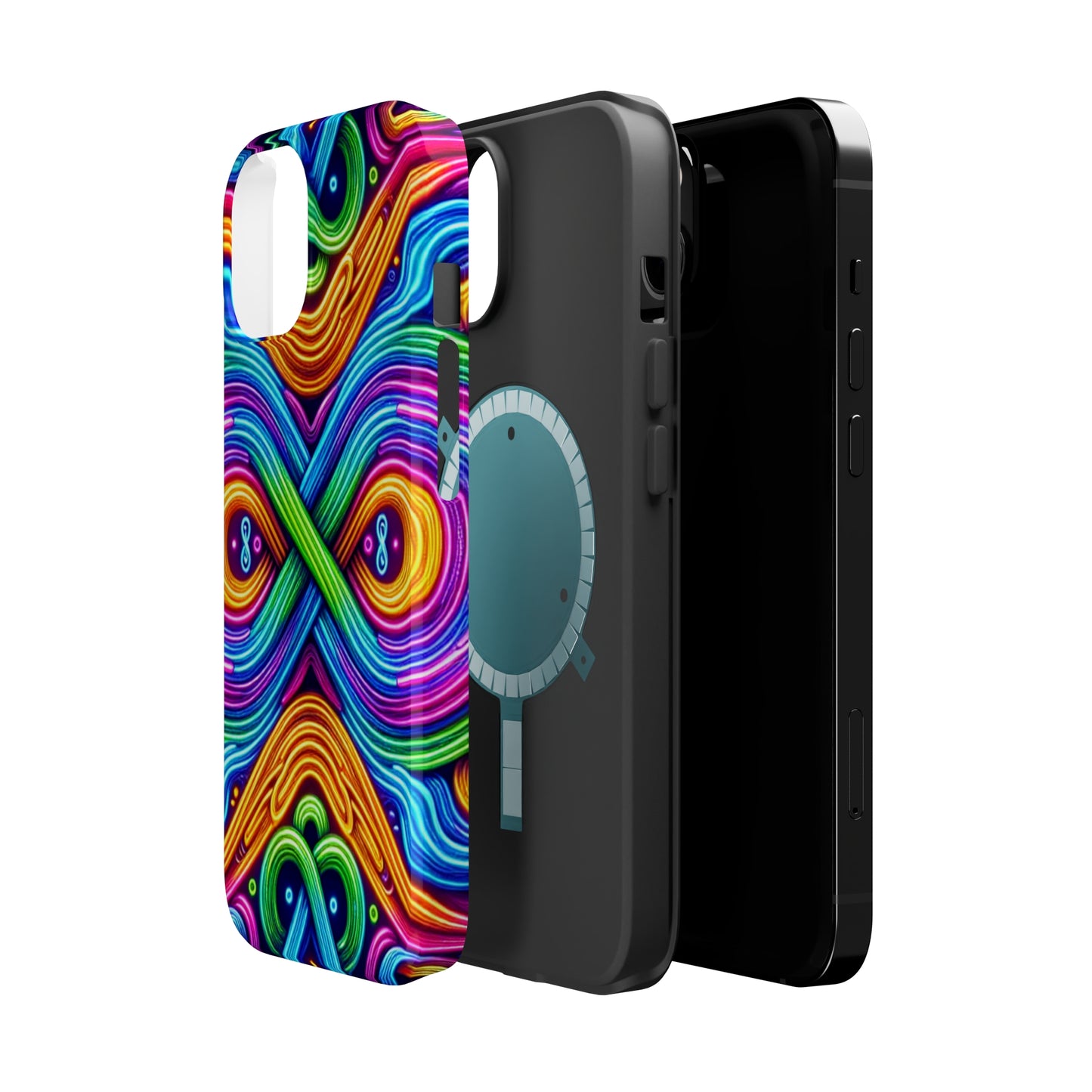 Cosmic Neon Infinity Spectacular. Neon Trippy Infinity Patterns Premium Art Magsafe Magnet Tough IPhone 13 14 15 Pro Plus Max and Mini in Matte and Glossy Phone cases