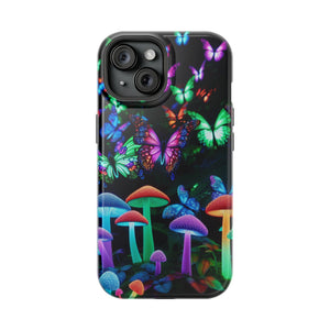 "Neon Burst Wonderland". Neon Butterflies and Mushrooms Premium Art Magsafe Magnet Tough IPhone 13 14 15 Pro Plus Max and Mini in Matte and Glossy Phone cases