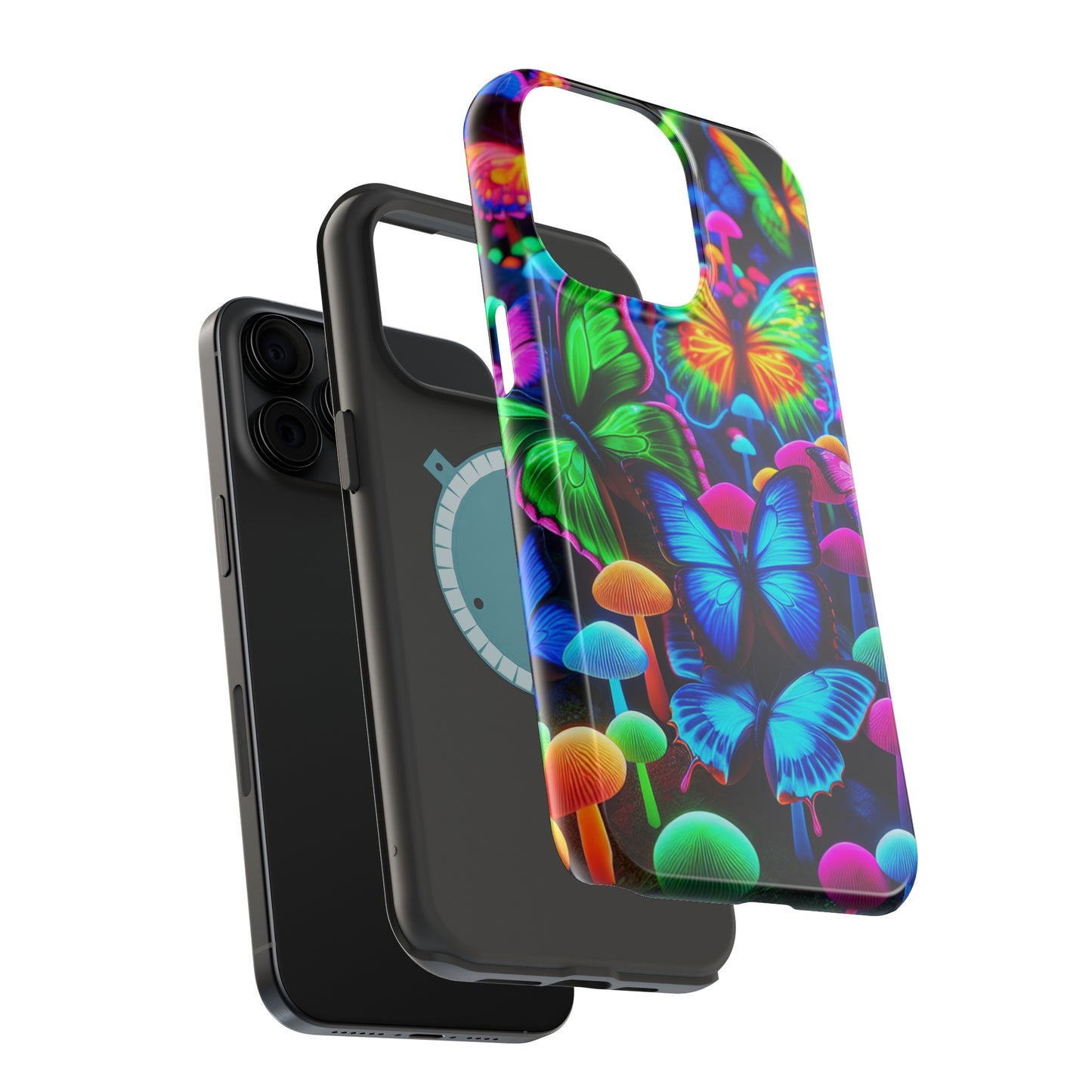 "Fantastic Fruition" Neon Butterflies and Mushrooms Premium Art Magsafe Magnet Tough IPhone 13 14 15 Pro Plus Max and Mini in Matte and Glossy Phone cases