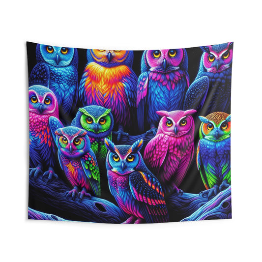 "Neon Nocturne" NEON Owls Art Tapestry