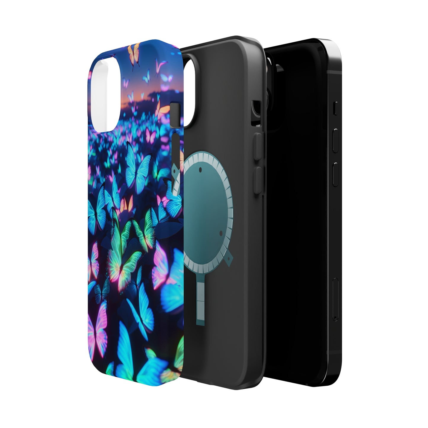 "Fantasia of Neon Butterflies" Neon Butterflies Premium Art Magsafe Magnet Tough IPhone 13 14 15 Pro Plus Max and Mini in Matte and Glossy Phone cases