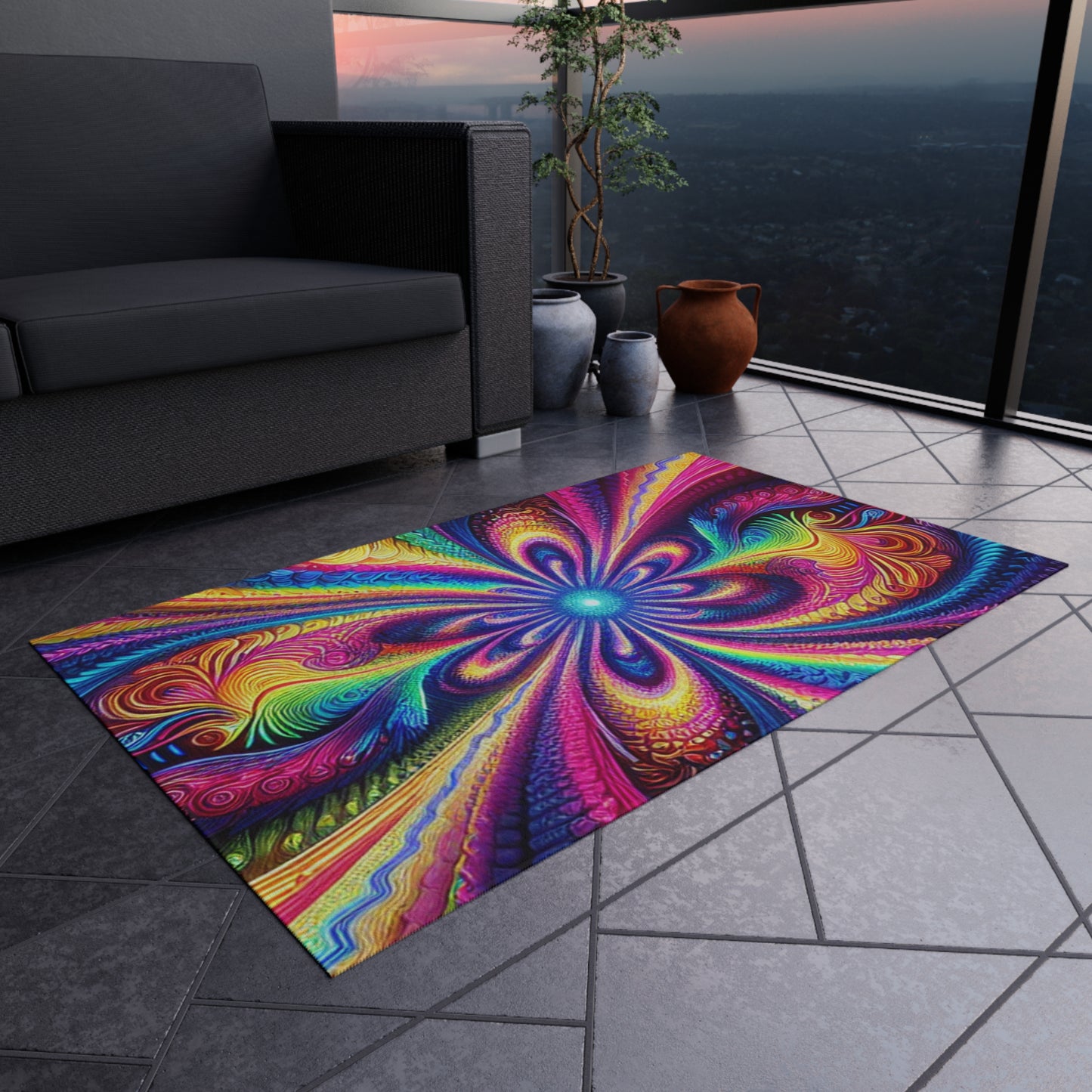 Cosmic Rainbow Infinity Spirograph. Infinity Patterns Outdoor Rug