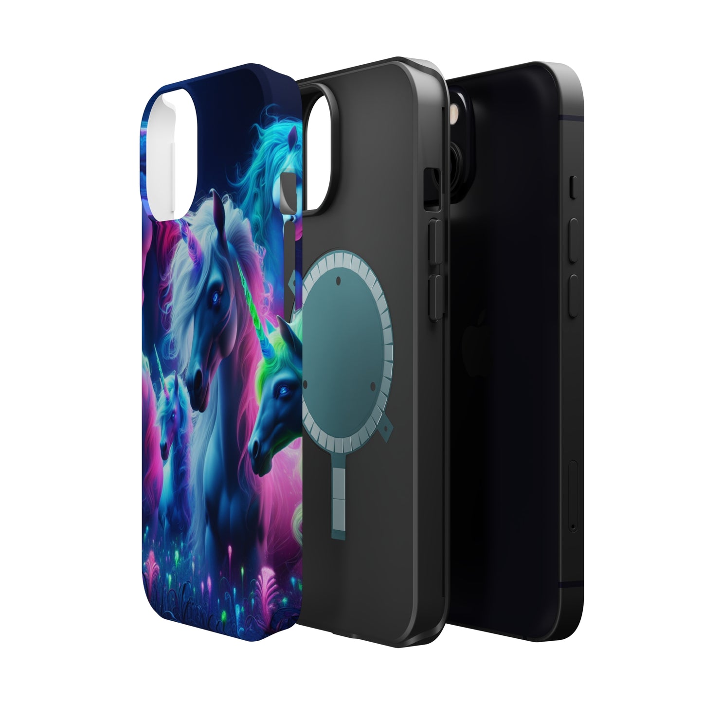 "Unicorn Flux-scape" Neon Unicorns Premium Art Magsafe Magnet Tough IPhone 13 14 15 Pro Plus Max and Mini in Matte and Glossy Phone cases