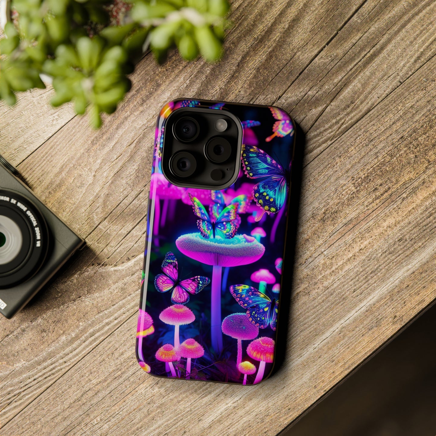 "Neon Gloomsprite Dance" Neon Butterflies and Mushrooms Premium Art Magsafe Magnet Tough IPhone 13 14 15 Pro Plus Max and Mini in Matte and Glossy Phone cases