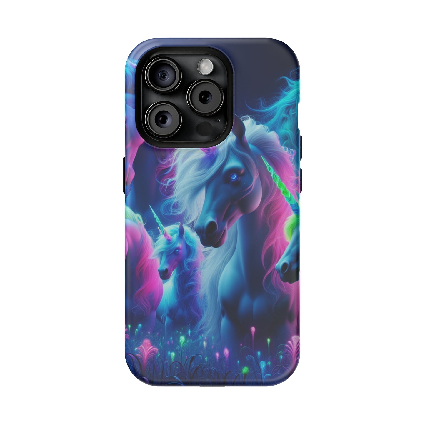 "Unicorn Flux-scape" Neon Unicorns Premium Art Magsafe Magnet Tough IPhone 13 14 15 Pro Plus Max and Mini in Matte and Glossy Phone cases