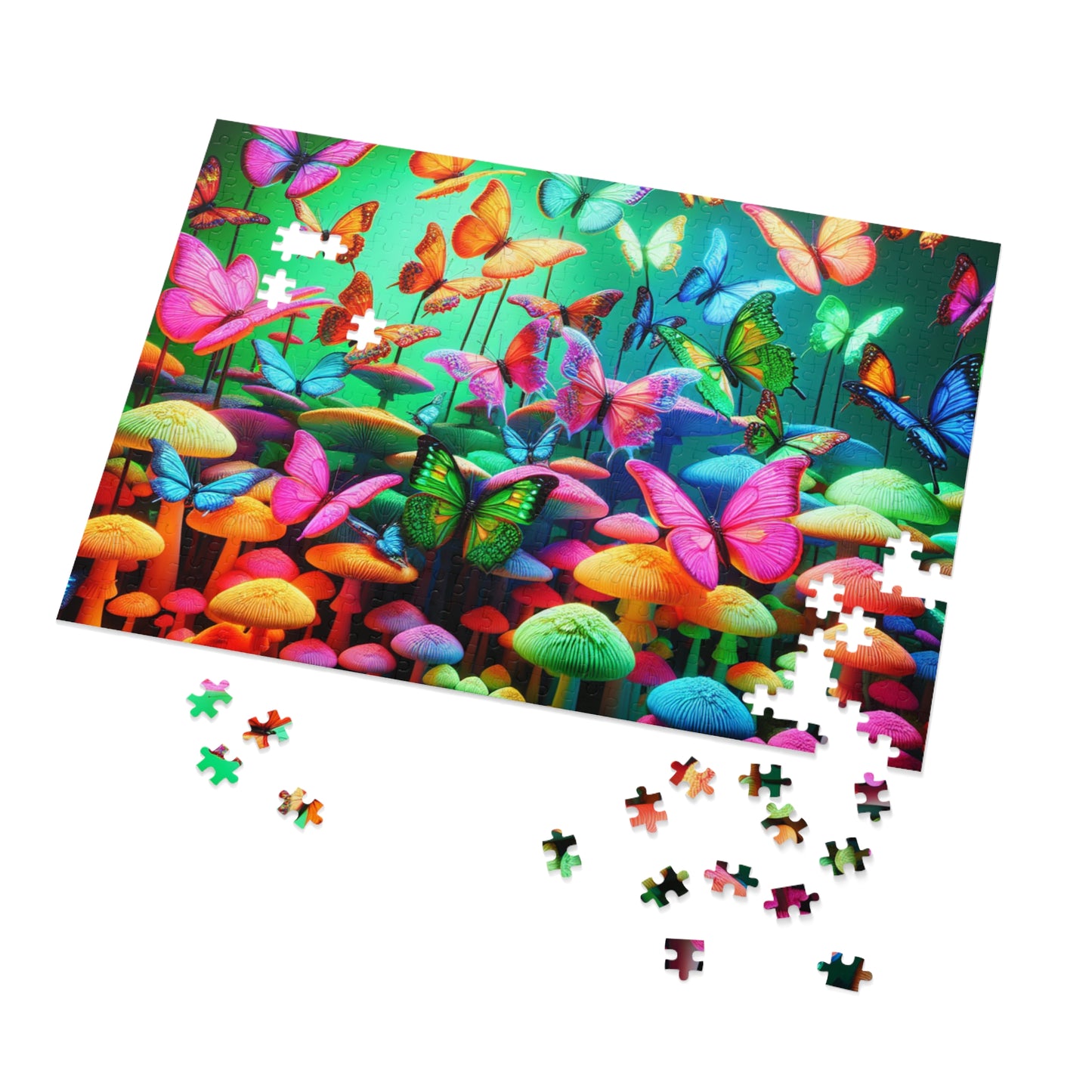 Neon Splendor. - Neon Butterflies and Mushrooms Puzzle 30, 110, 252, and 1000 Pieces
