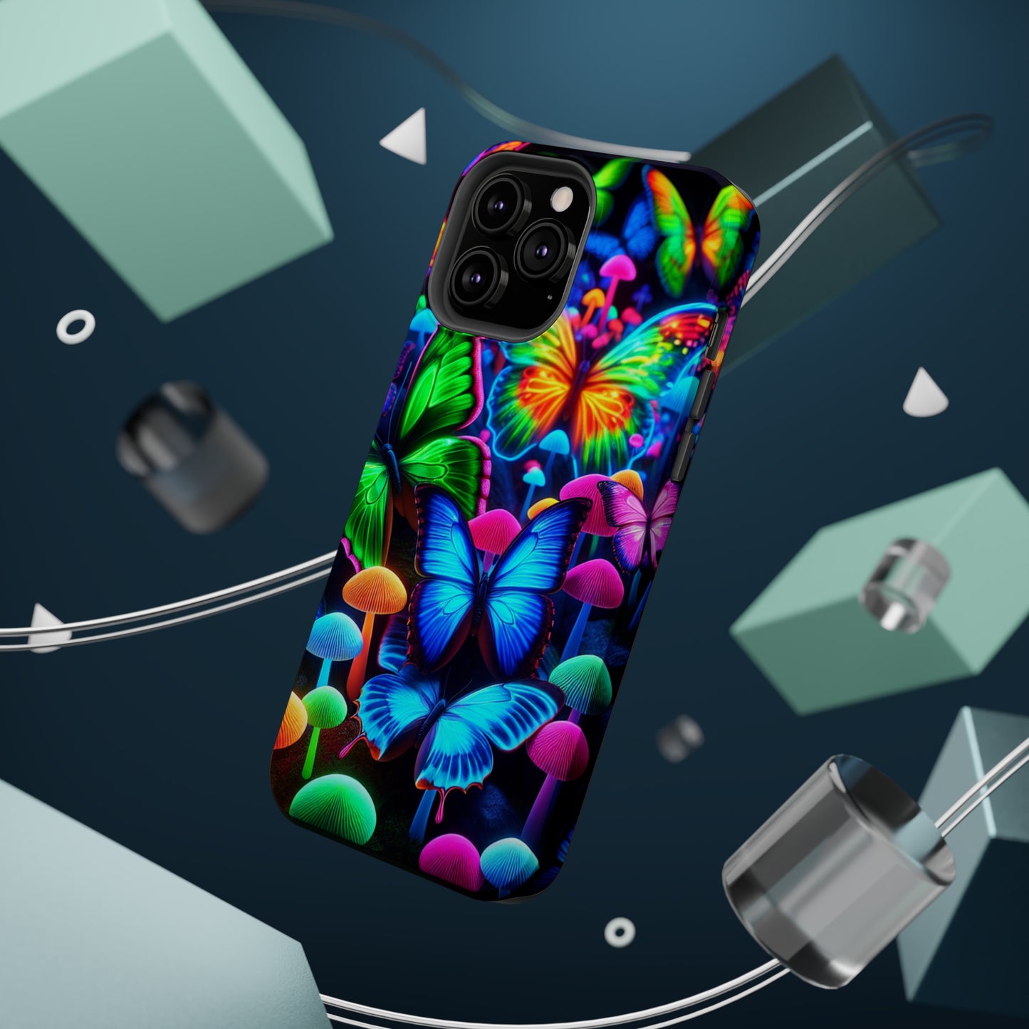 "Fantastic Fruition" Neon Butterflies and Mushrooms Premium Art Magsafe Magnet Tough IPhone 13 14 15 Pro Plus Max and Mini in Matte and Glossy Phone cases