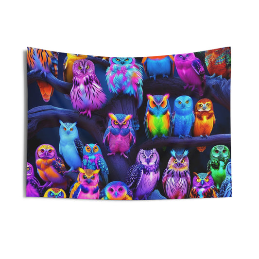 Neon Owl Gathering. NEON Owls Art Tapestry