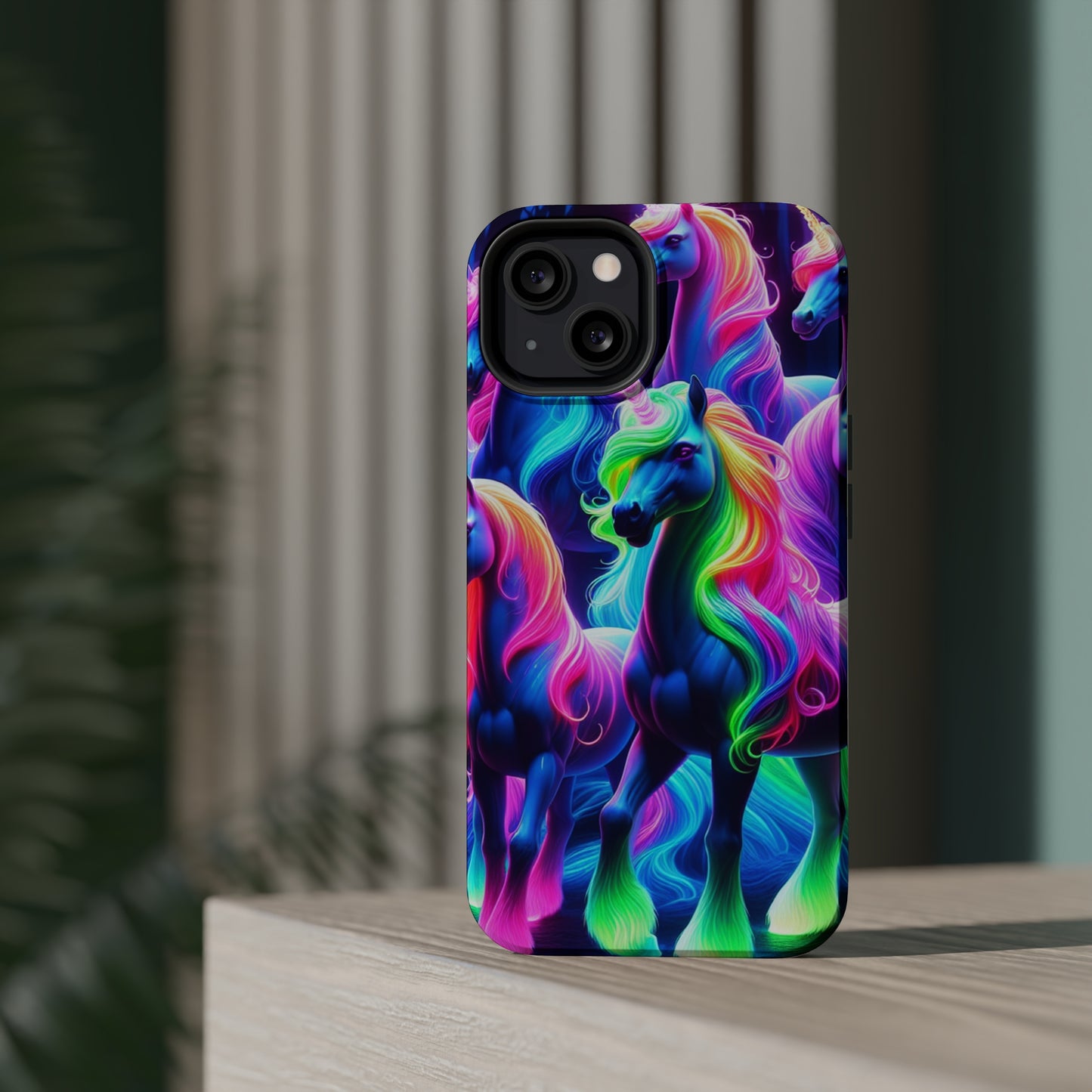 Neon Magic Skies - Unicorn Gang. Neon Unicorns Premium Art Magsafe Magnet Tough IPhone 13 14 15 Pro Plus Max and Mini in Matte and Glossy Phone cases