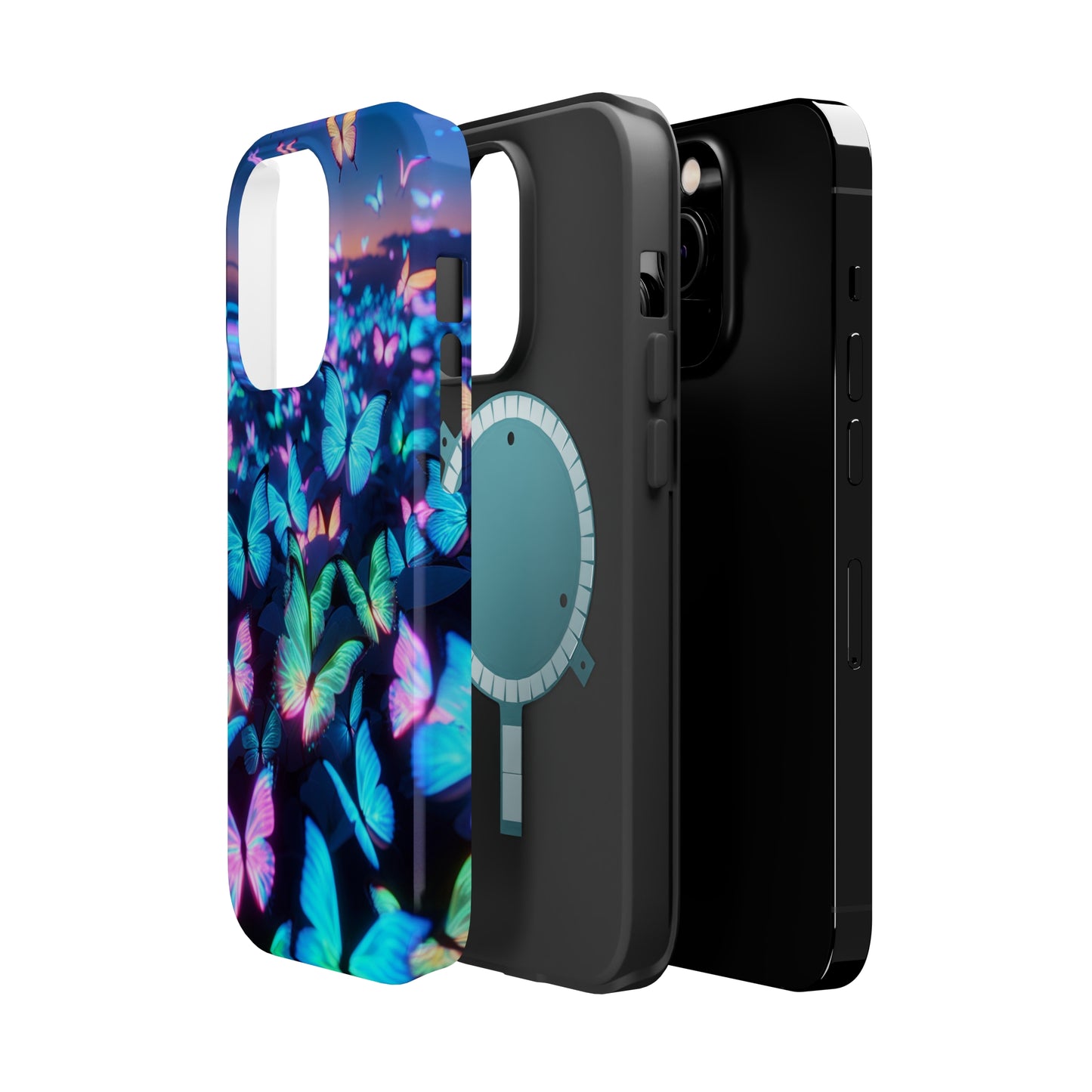"Fantasia of Neon Butterflies" Neon Butterflies Premium Art Magsafe Magnet Tough IPhone 13 14 15 Pro Plus Max and Mini in Matte and Glossy Phone cases