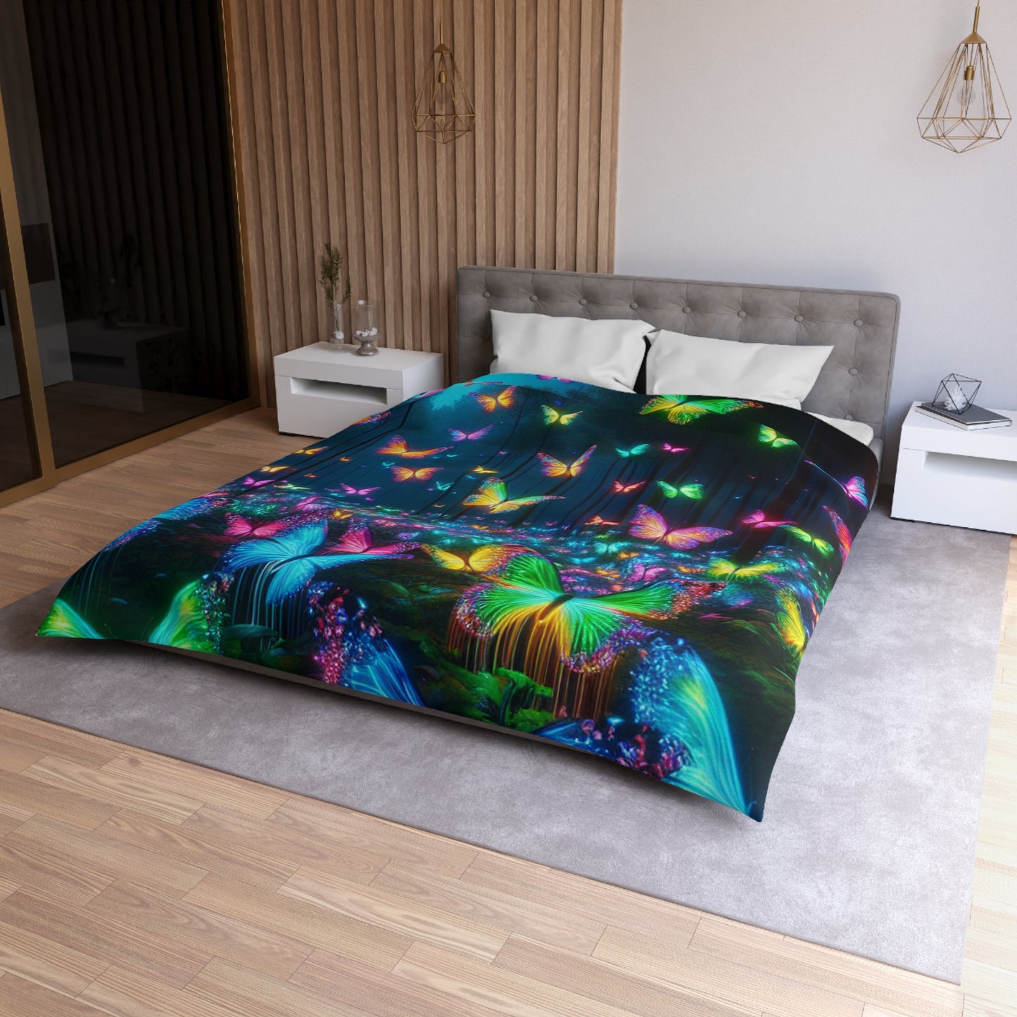 Pieter Van Derneer - NEON Butterflies Microfiber Duvet Cover
