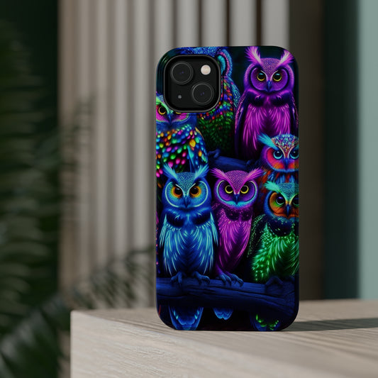 "Neon Nocturne" Neon Owls Premium Art Magsafe Magnet Tough IPhone 13 14 15 Pro Plus Max and Mini in Matte and Glossy Phone cases