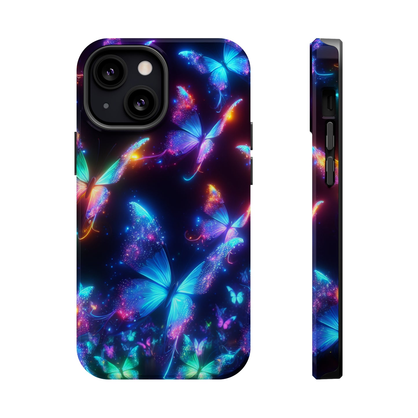 "Electrically Vivid Reverie" Neon Butterflies Premium Art Magsafe Magnet Tough IPhone 13 14 15 Pro Plus Max and Mini in Matte and Glossy Phone cases