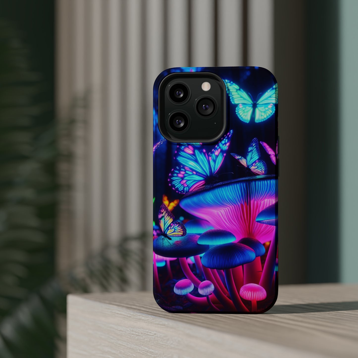 Neon Fantasy Garden Neon Butterflies and Mushrooms Premium Art Magsafe Magnet Tough IPhone 13 14 15 Pro Plus Max and Mini in Matte and Glossy Phone cases
