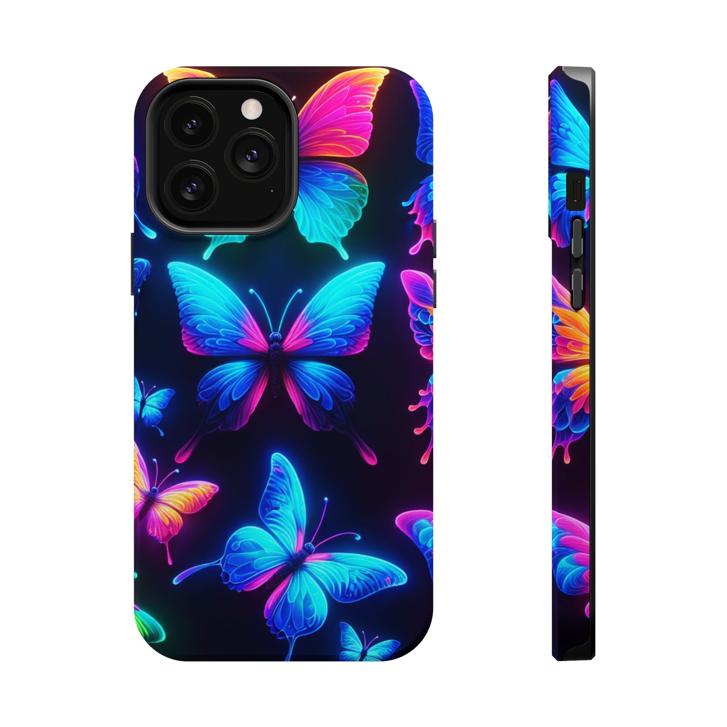 "Neon Flight Frenzy" Neon Butterflies Premium Art Magsafe Magnet Tough IPhone 13 14 15 Pro Plus Max and Mini in Matte and Glossy Phone cases