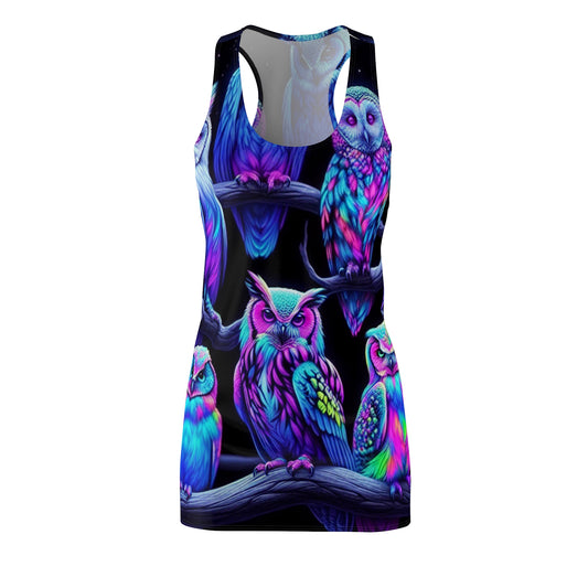 'Electric Avian Aurora' Neon Owls Racerback Dress