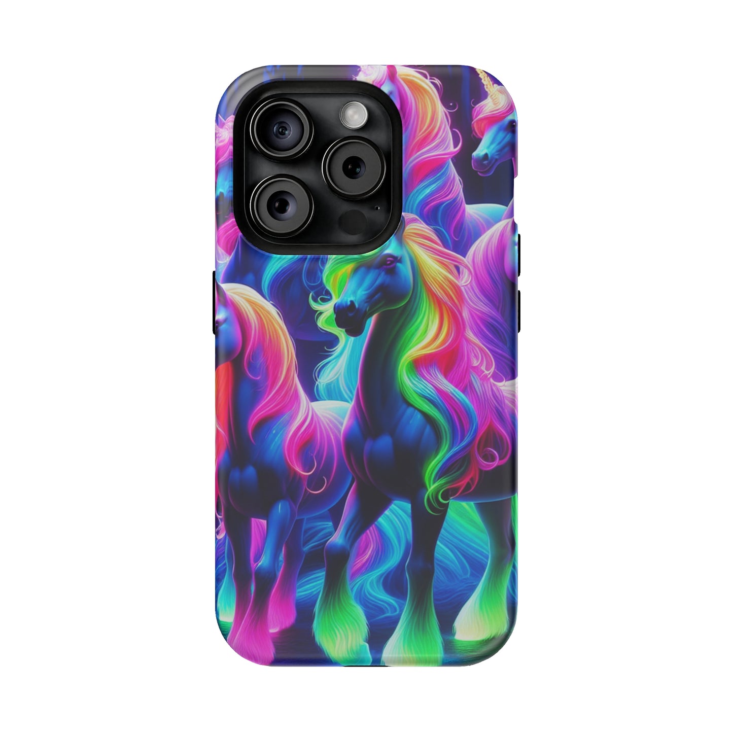 Neon Magic Skies - Unicorn Gang. Neon Unicorns Premium Art Magsafe Magnet Tough IPhone 13 14 15 Pro Plus Max and Mini in Matte and Glossy Phone cases