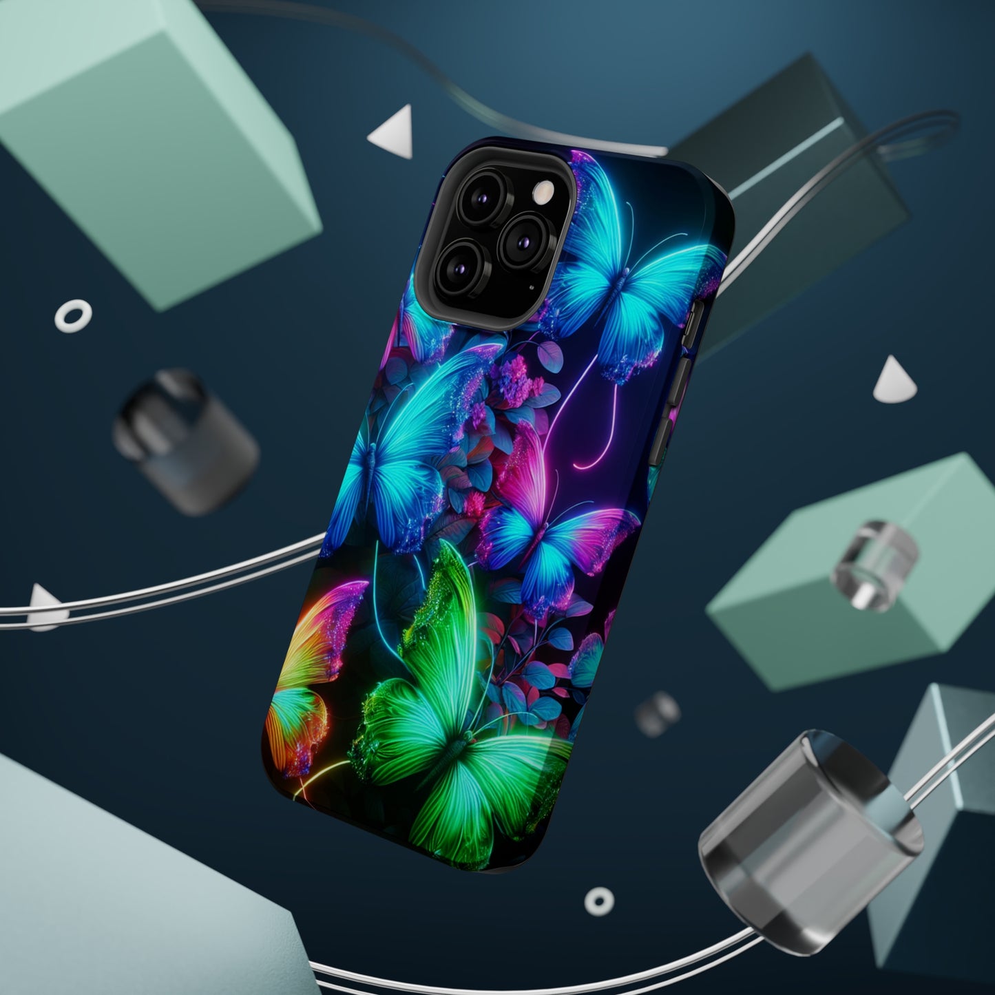 Neon Flutter Symphony Neon Butterflies Premium Art Magsafe Magnet Tough IPhone 13 14 15 Pro Plus Max and Mini in Matte and Glossy Phone cases