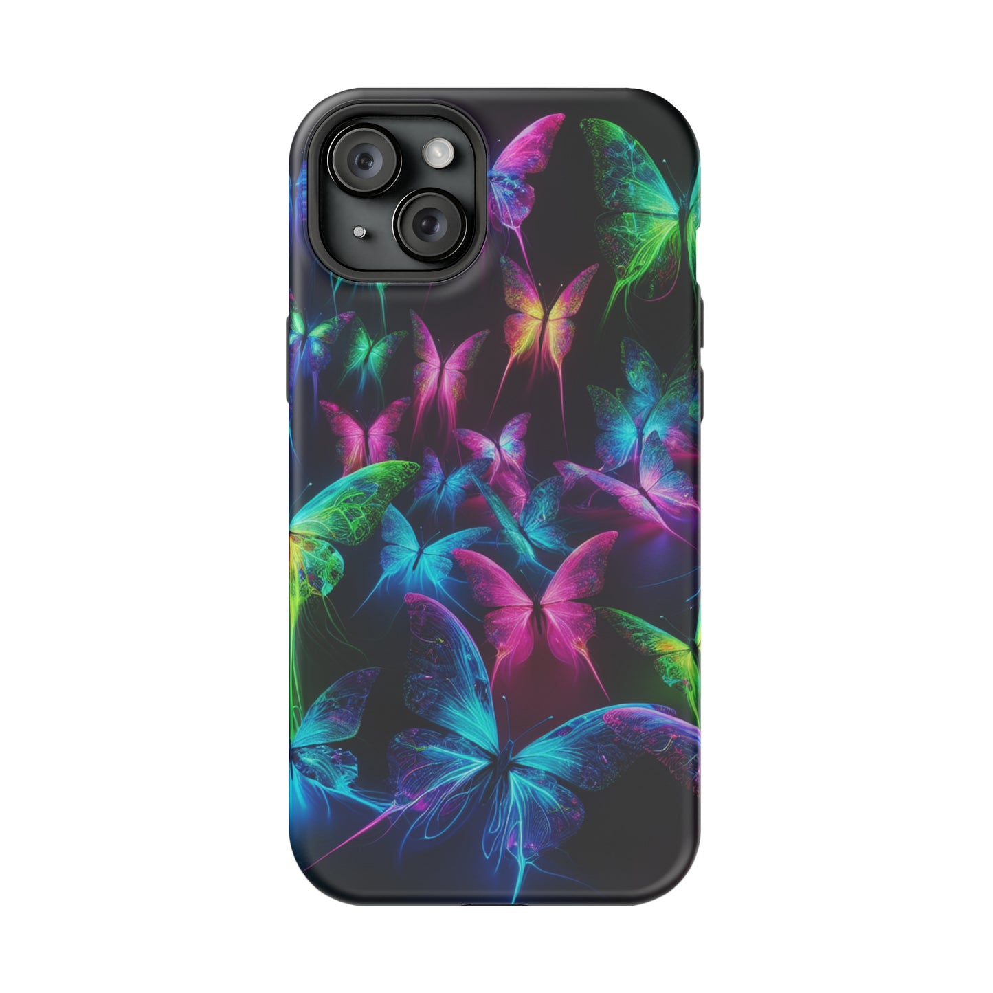 'Euphoria in Neon Flight' Neon Butterflies Premium Art Magsafe Magnet Tough IPhone 13 14 15 Pro Plus Max and Mini in Matte and Glossy Phone cases