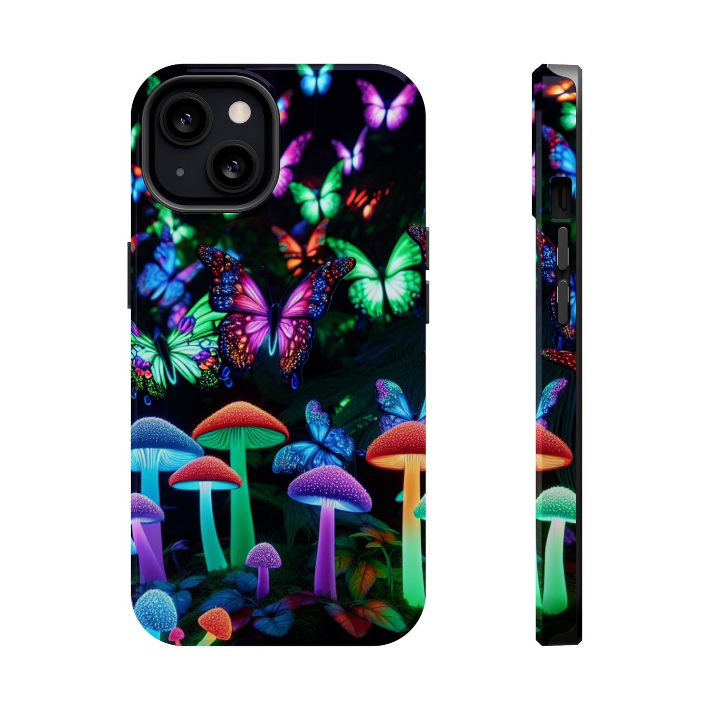"Neon Burst Wonderland". Neon Butterflies and Mushrooms Premium Art Magsafe Magnet Tough IPhone 13 14 15 Pro Plus Max and Mini in Matte and Glossy Phone cases