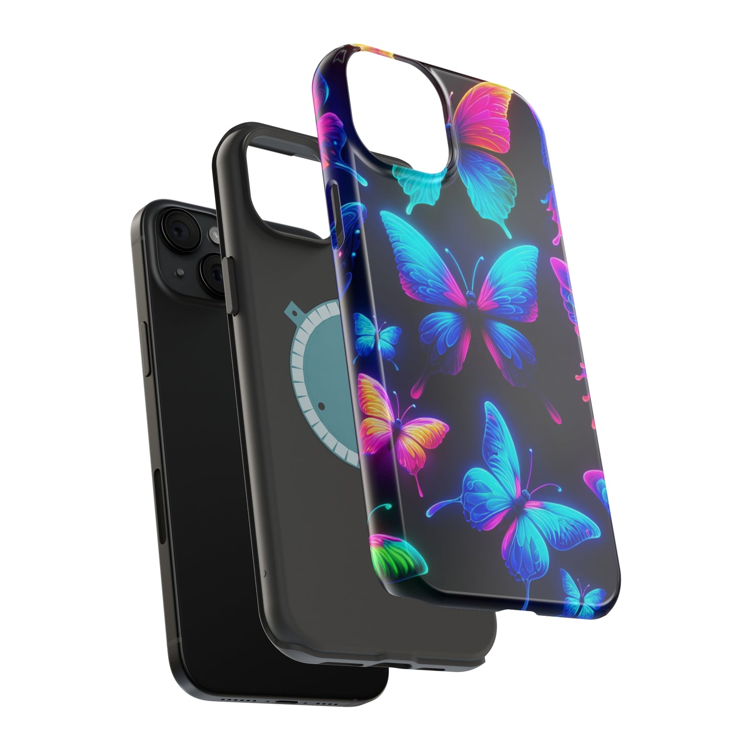 "Neon Flight Frenzy" Neon Butterflies Premium Art Magsafe Magnet Tough IPhone 13 14 15 Pro Plus Max and Mini in Matte and Glossy Phone cases