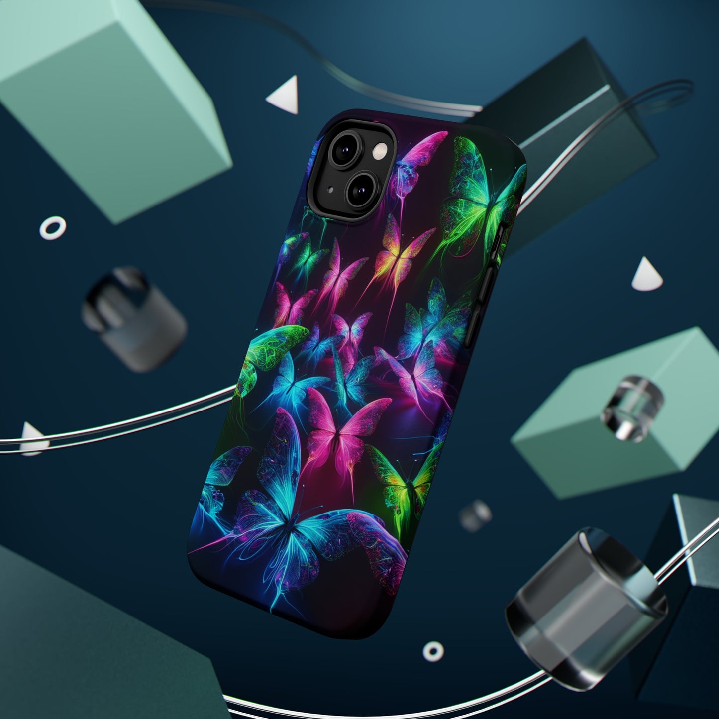 'Euphoria in Neon Flight' Neon Butterflies Premium Art Magsafe Magnet Tough IPhone 13 14 15 Pro Plus Max and Mini in Matte and Glossy Phone cases