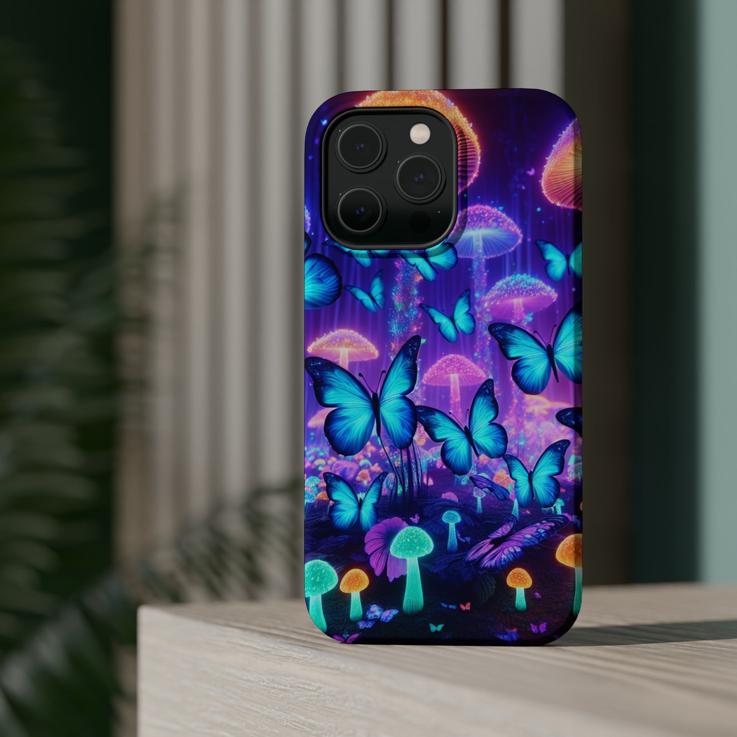 Neon Delight Landscape Neon Butterflies and Mushrooms Premium Art Magsafe Magnet Tough IPhone 13 14 15 Pro Plus Max and Mini in Matte and Glossy Phone cases