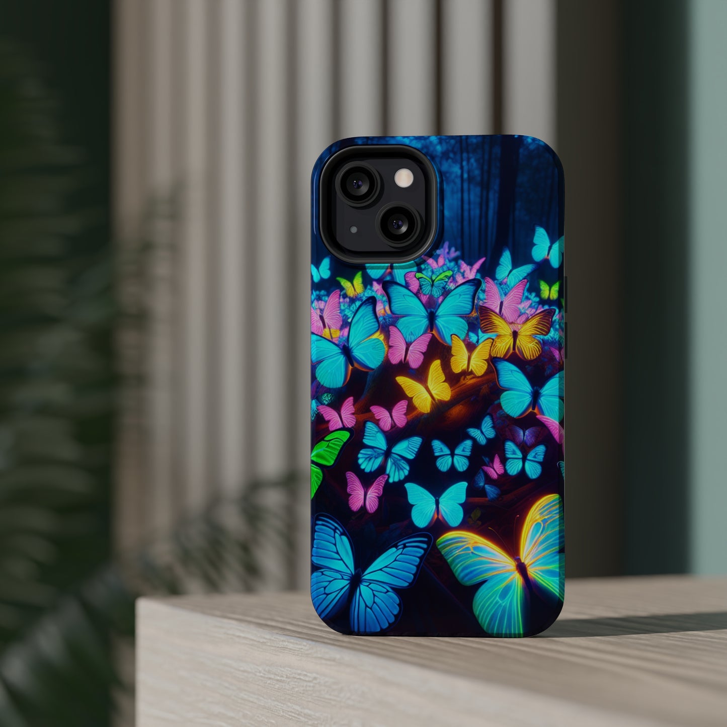 "Scintillating Swirls of Neon Butterflies" Neon Butterflies Premium Art Magsafe Magnet Tough IPhone 13 14 15 Pro Plus Max and Mini in Matte and Glossy Phone cases