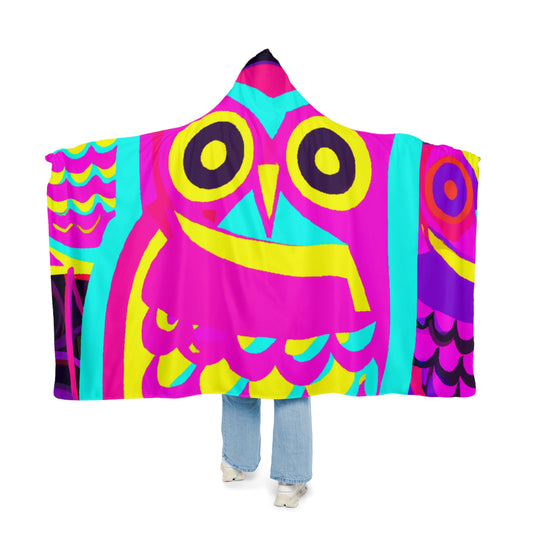 "Neon Nocturne" - NEON Owls Art Hooded Snuggle Blanket