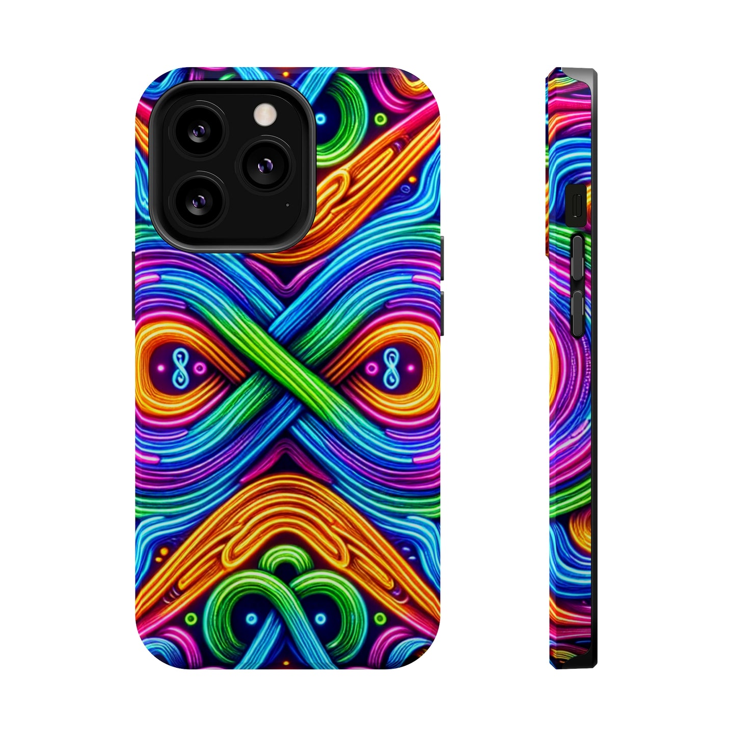 Cosmic Neon Infinity Spectacular. Neon Trippy Infinity Patterns Premium Art Magsafe Magnet Tough IPhone 13 14 15 Pro Plus Max and Mini in Matte and Glossy Phone cases