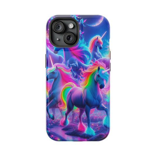 "Unicorn Prism" Neon Unicorns Premium Art Magsafe Magnet Tough IPhone 13 14 15 Pro Plus Max and Mini in Matte and Glossy Phone cases