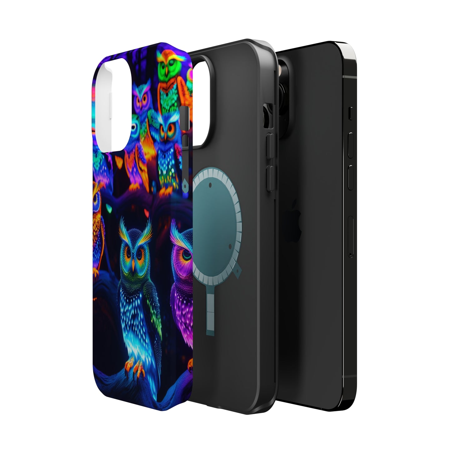 Glowing Neon Clan. Neon Owls Premium Art Magsafe Magnet Tough IPhone 13 14 15 Pro Plus Max and Mini in Matte and Glossy Phone cases