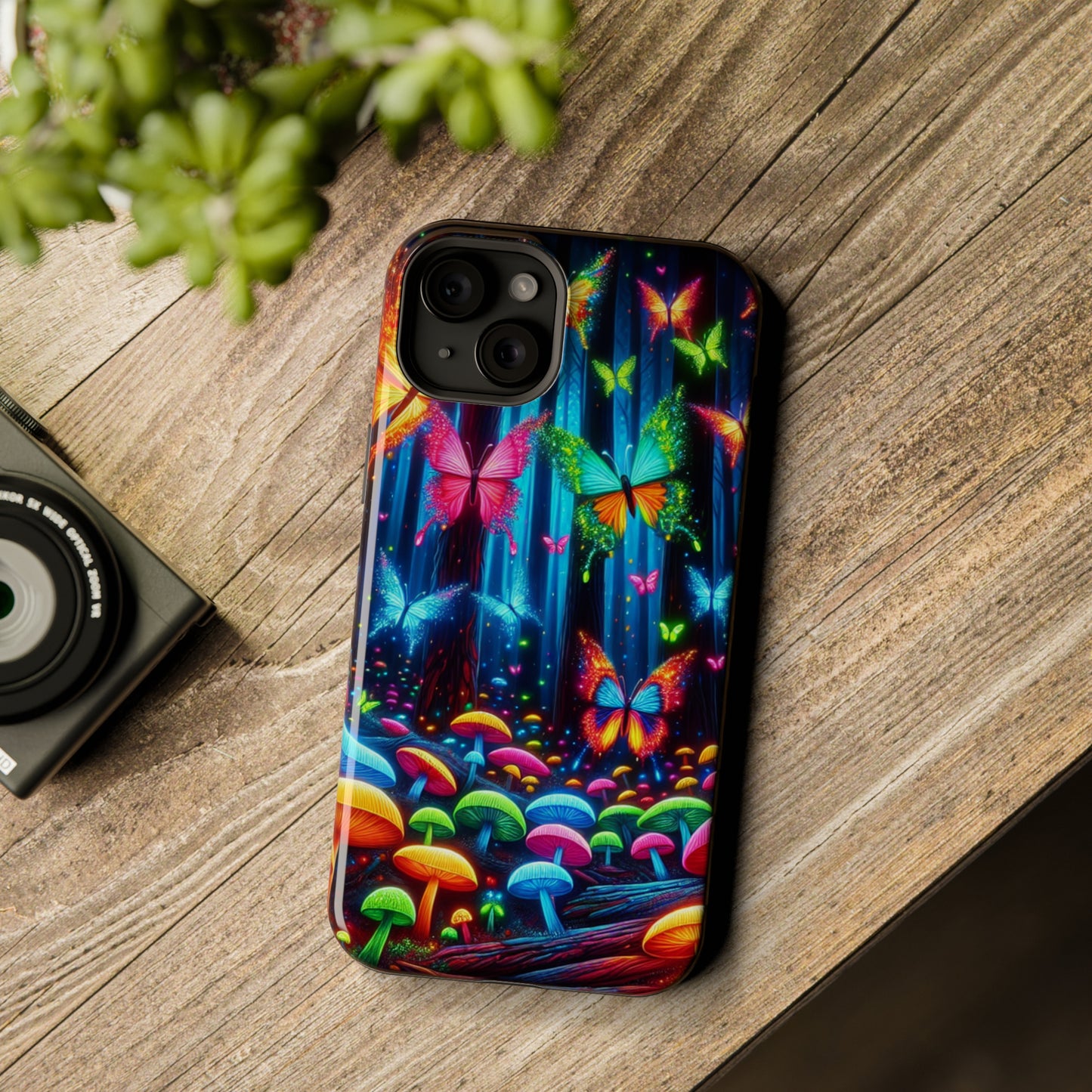 Neon Fantasia. Neon Butterflies and Mushrooms Premium Art Magsafe Magnet Tough IPhone 13 14 15 Pro Plus Max and Mini in Matte and Glossy Phone cases