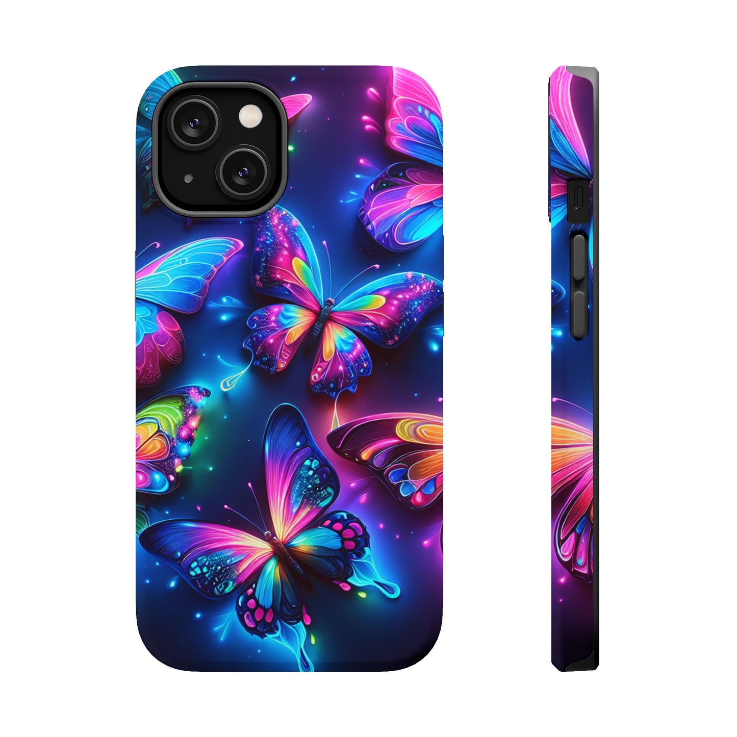 "Neon Butterfly Muster" Neon Butterflies Premium Art Magsafe Magnet Tough IPhone 13 14 15 Pro Plus Max and Mini in Matte and Glossy Phone cases