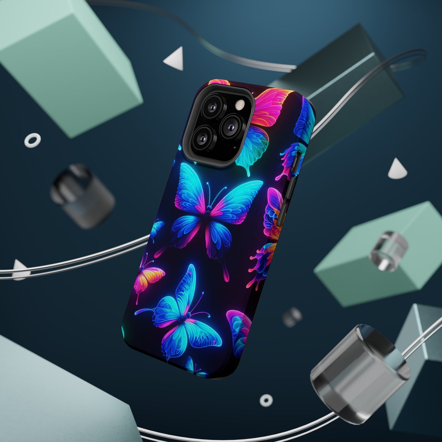 "Neon Flight Frenzy" Neon Butterflies Premium Art Magsafe Magnet Tough IPhone 13 14 15 Pro Plus Max and Mini in Matte and Glossy Phone cases