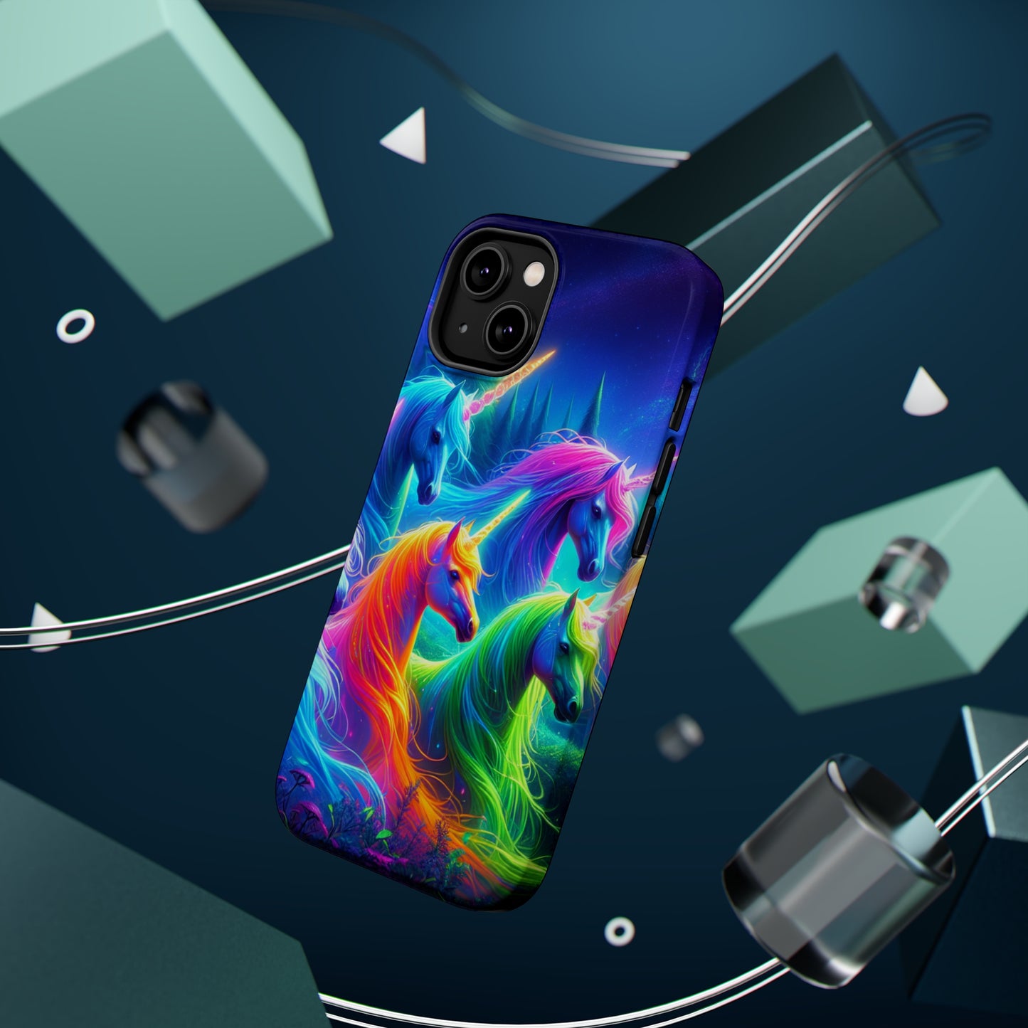 "Vibrant Neon Unicorn Rainbow" Neon Unicorns Premium Art Magsafe Magnet Tough IPhone 13 14 15 Pro Plus Max and Mini in Matte and Glossy Phone cases