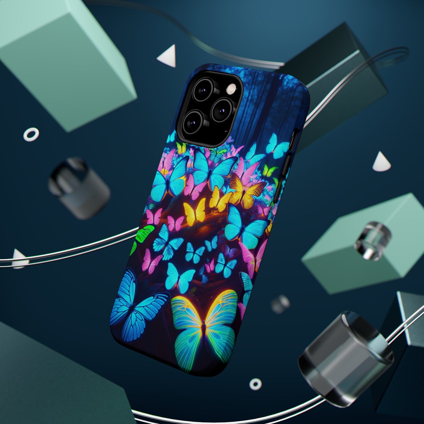 "Scintillating Swirls of Neon Butterflies" Neon Butterflies Premium Art Magsafe Magnet Tough IPhone 13 14 15 Pro Plus Max and Mini in Matte and Glossy Phone cases